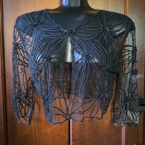 Vintage Beaded Mesh Shrug Open Front Bolero Cardigan Topper Jacket